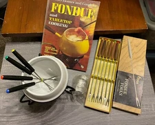 Dessert Fondue Set Chocolate Melting Pot Stand 10 Forks Cookbook 4 Tea Lights