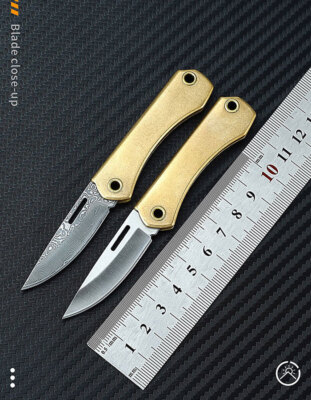EDC Brass D2 Damascus Steel Keychain Pocket Foldable Knife Outdoor