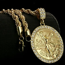 Centenario 50 Pesos Pendant Iced Cubic-Zirconia Rope Chain 14k Gold Plated