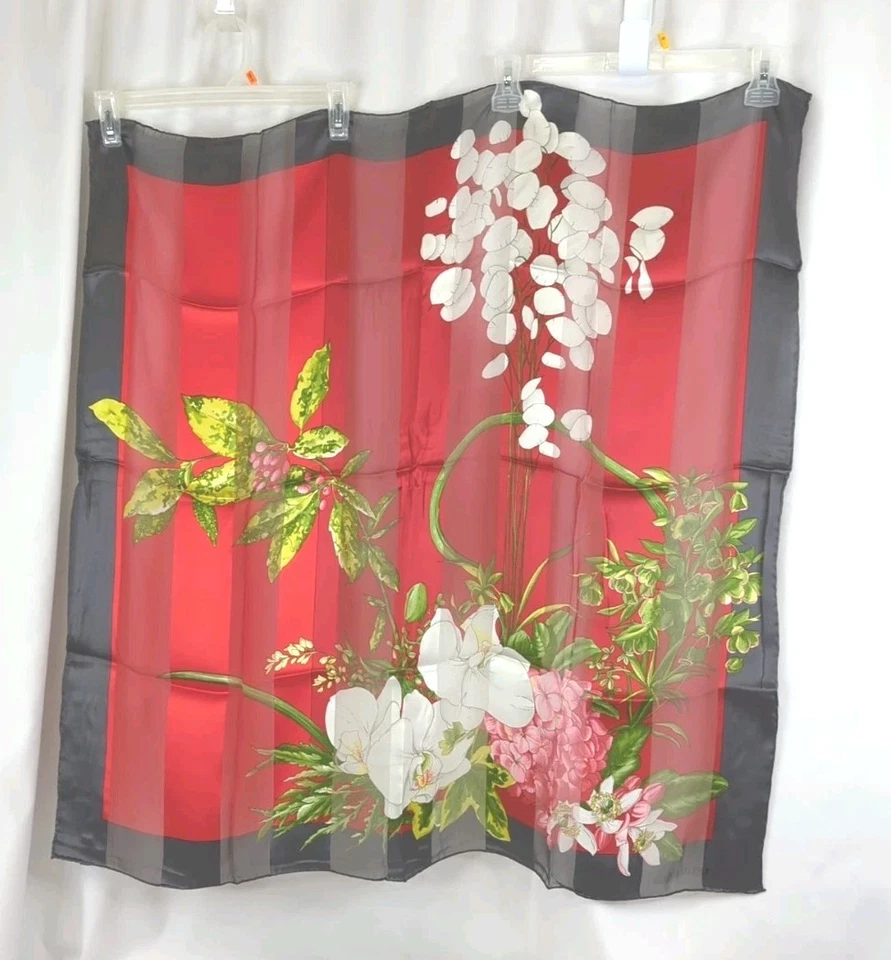 VALENTINO FOULARDS шелковый шарф цветочный орхидеи красный серый коробка 33» квадратный Италии винтажный - Изображение 2 из 4