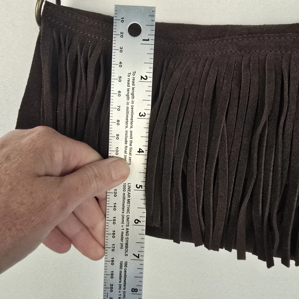 Antiguo Bolso Cartera Azul Marino Marrón Rico Pequeño Cuero Flecos Gamuza Boho Western Hippie Foto 4 de 4