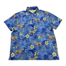 Birdie Bound Polo Shirt Mens 2XL Blue Leopard Floral Short Sleeve Golf