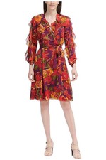 Calvin Klein Women's Printed Dress with Ruffle Sleeves Aubergine/Red