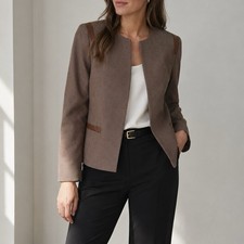 Jones New York Collection Wool Blend Collarless Blazer Brown Faux Leather Trim