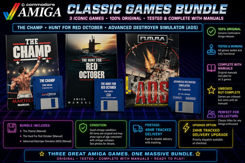 Commodore Amiga Games Bundle The Champ, Hunt For Red October, ADS, with Manuals