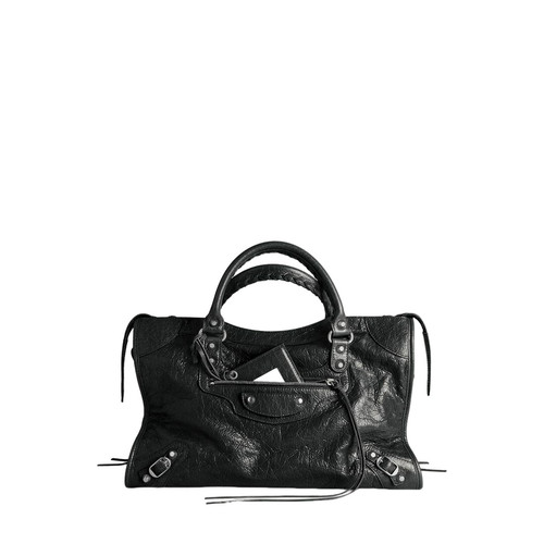 BALENCIAGA Le City Medium $2990 Black Silver Shiny Hardware Leather Handbag New