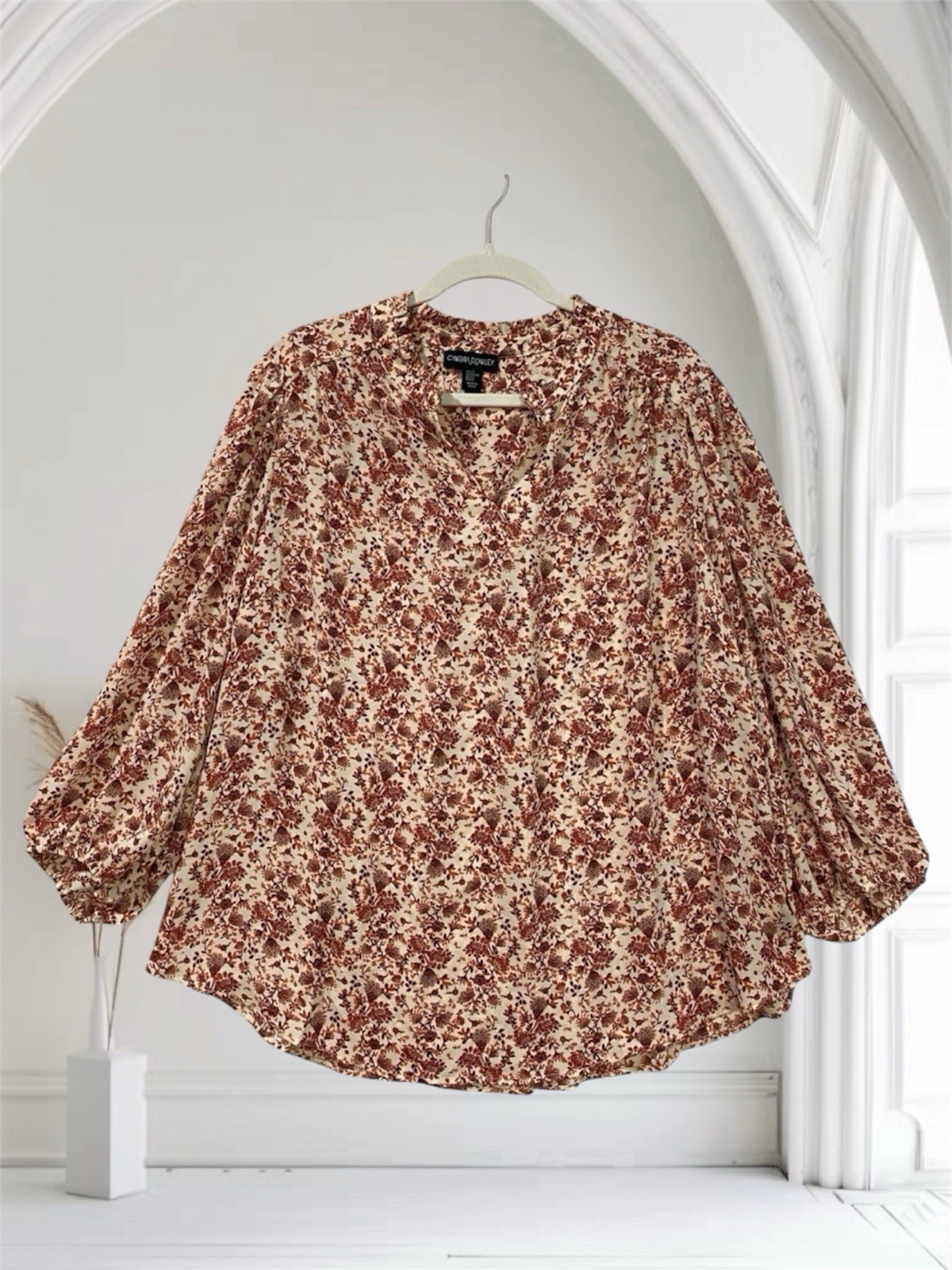 Cynthia Rowley Womens Floral V Neck Top Size 2X Balloon Sleeve Boho Chic