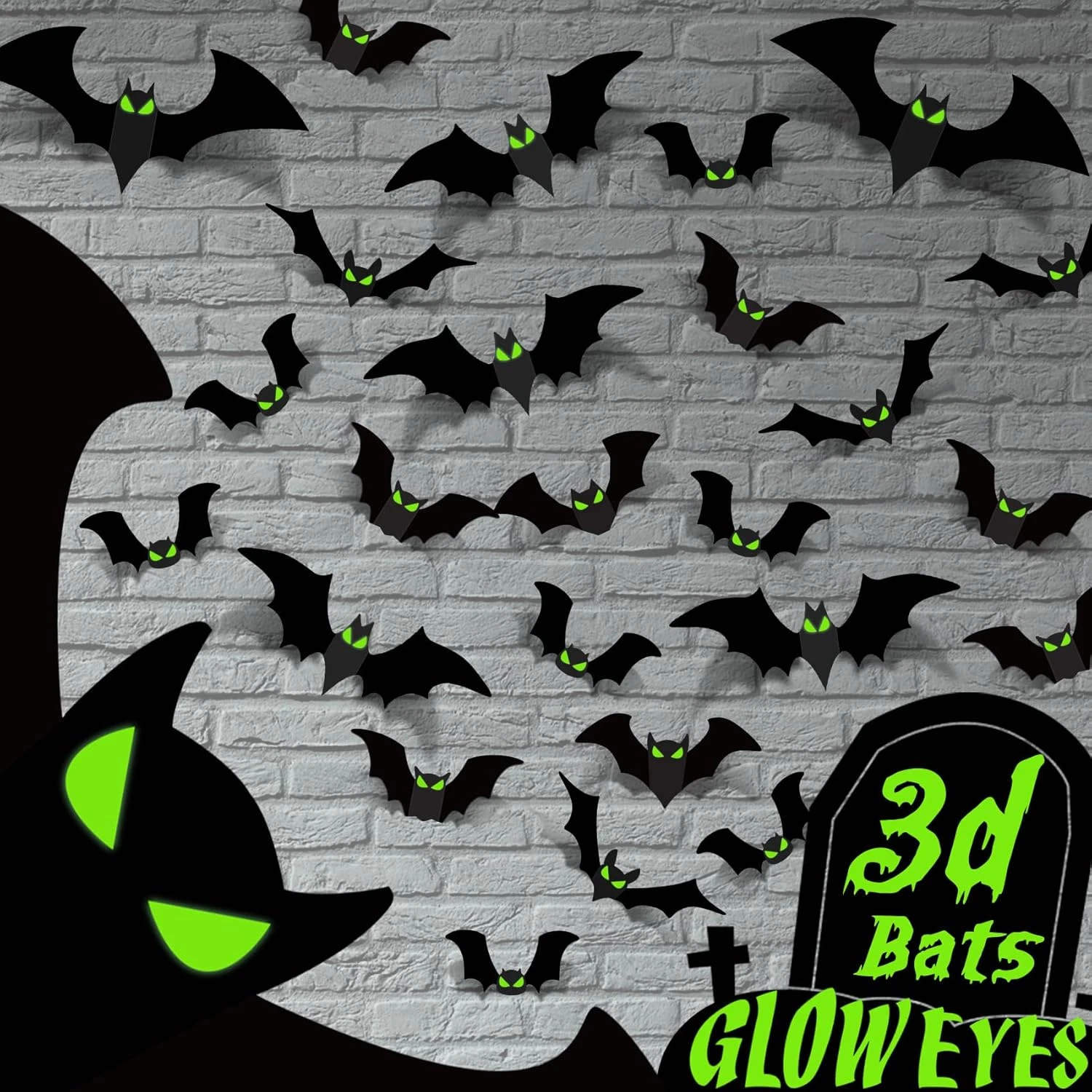 Halloween Decorations - 56 Pcs Spooky 3D Bats with Glow Eyes for Indoor Outdoor