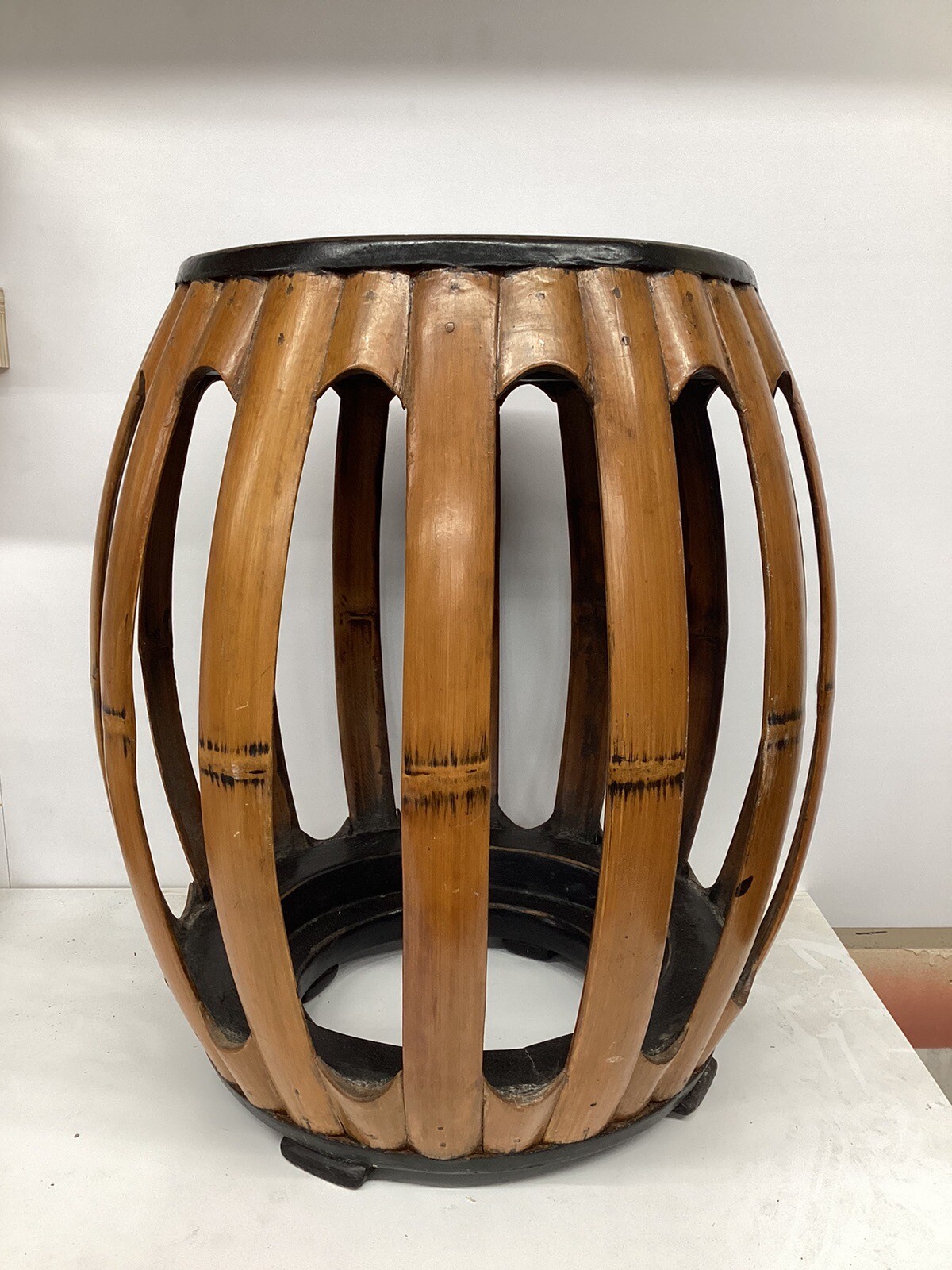 Antique Chinese Rare Bamboo Barrel Stool Tall 18 1/2 in 中国 复古 竹节 板凳