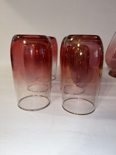 Vintage MCM Blendo Cranberry Glass Pitcher and 6 Glasses Set West Virginia Glass - Picture 14 of 17
