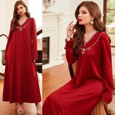 Red Rhinestone Abaya Kaftan Women Muslim Maxi Dress Dubai Moroccan Evening Gown