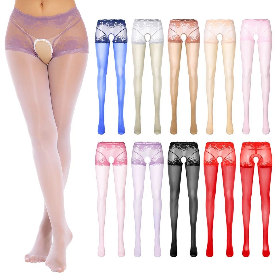 Womens Oil Glossy Crotchless Pantyhose Stockings Stretchy Tights Sports Lingerie - Image 3 of 4