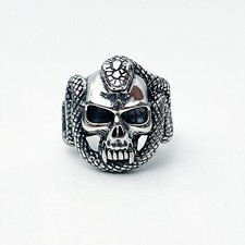 BRAND NEW STERLING SILVER 925 MENS SKULL RING SNAKE BIKERS RING RESIZABLE #034