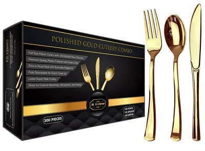 JL PRIME 300 Piece Gold Plastic Silverware Set, Forks, Spoons, Knives, 100 Each