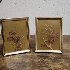 Set Of 2 Vintage Pressed Flowers Brass Frame Miniature Vintage Cottage 3.5x4.5"
