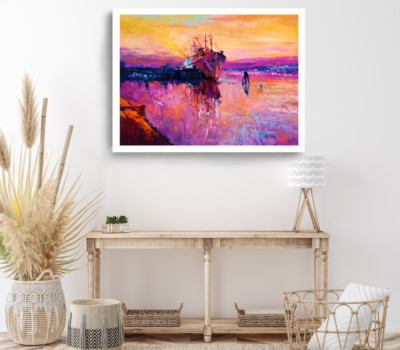 Boat On Sea Print,Vector Wall Art,Watercolor Framed Vector Wall Art,Oil Painting