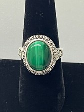 BEAUTIFUL BBJ GREEN MALACHITE OVAL CABOCHON STERLING SILVER RING SIZE 8 10.43g