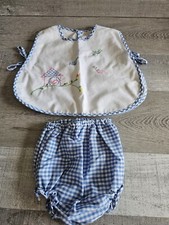 Vtg 90s Blue Gingham Matching Embroidered Bird Outfit Girls 0-3 Months Mayfair