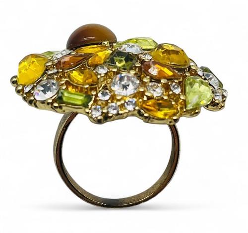 Retro Oversize Yellow Glass Rhinestone Gold Plated Ring Sz 7.25 Glam Blingy - Picture 4 of 7