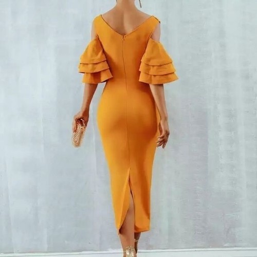 Mujer Hombro Frío Manga Vaina Vestido Cuello en V Midi Vestido Talla M - Imagen 2 de 14