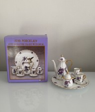 Fine Porcelain 9 Pcs Purple Floral Miniature Tea Set With Decal