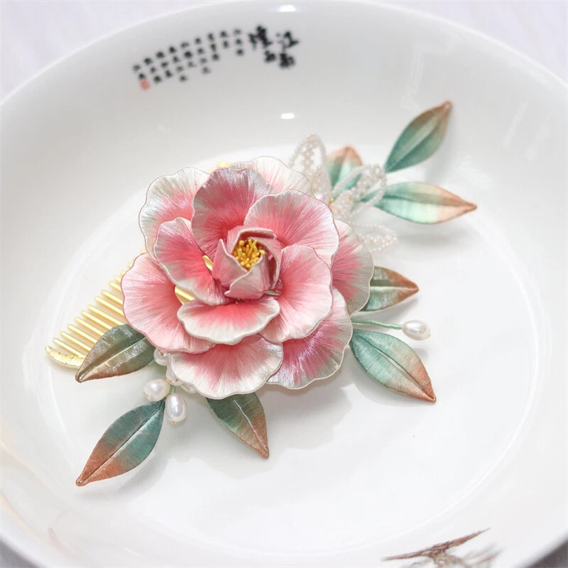 Pente de cabelo feito à mão de seda peônia grampo de cabelo quimono cânhamo cabeça de fada acessórios presente - Imagem 4 de 4