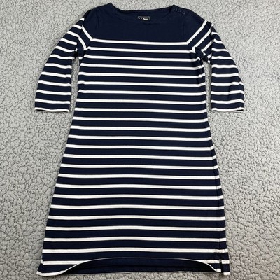 LL Bean Dress Womens Small Navy Blue Nautical Coastal Button Shoulder 3/4 Sleeve