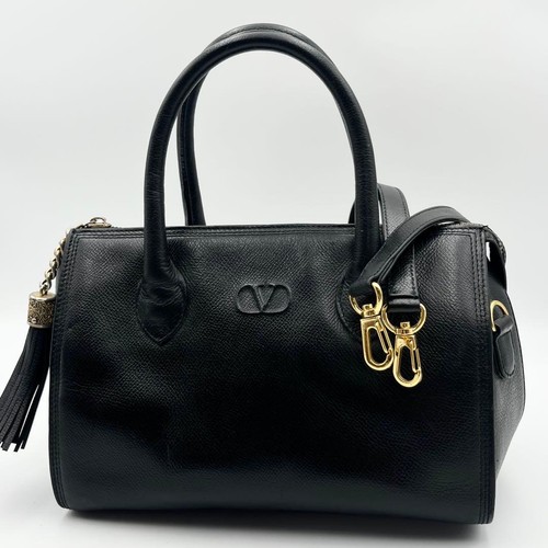 Valentino Garavani Hand Shoulder Bag Tote Purse 2way Logo Leather Black Auth