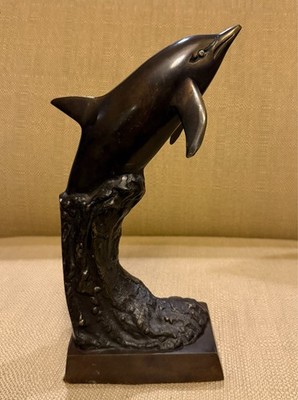 Bronze Dolphin Wave Riding Base Sculpture Coastal Nautical Ocean Decor 10''