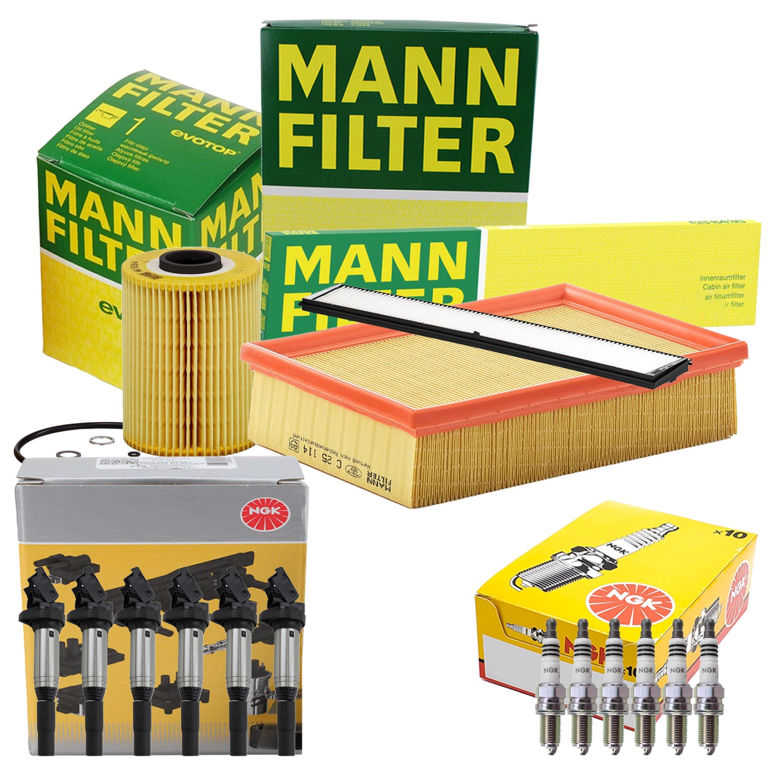 Mann Engine Oil Cabin Air Filter 6 NGK Plugs  Coil Kit For BMW E46 M3 3.2L L6