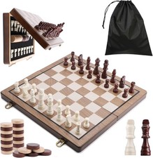 15"X15" Foldable 2in1 Wooden Magnetic Chess Set  Checkers Board Game Portable