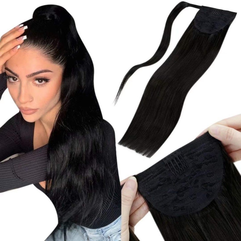 Remy Human Hair Ponytail Clip In Hair Extension Wrap Around Natural Black  22in