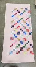 Handmade 4-Patch Pattern Quilt Solid Pink Backing 100 x 90 Colorful C9