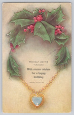 Postcard Birthday Greetings Holly Embossed Gold Chain Design Series No