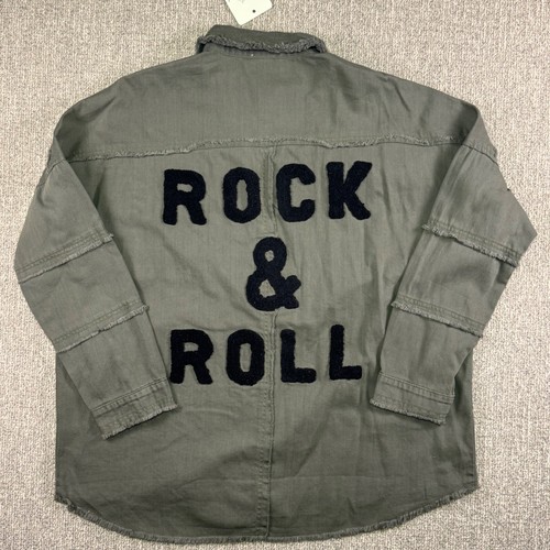 Elan Rock & Roll Green Grey Cotton Shacket Distressed Embroidered Button Up M