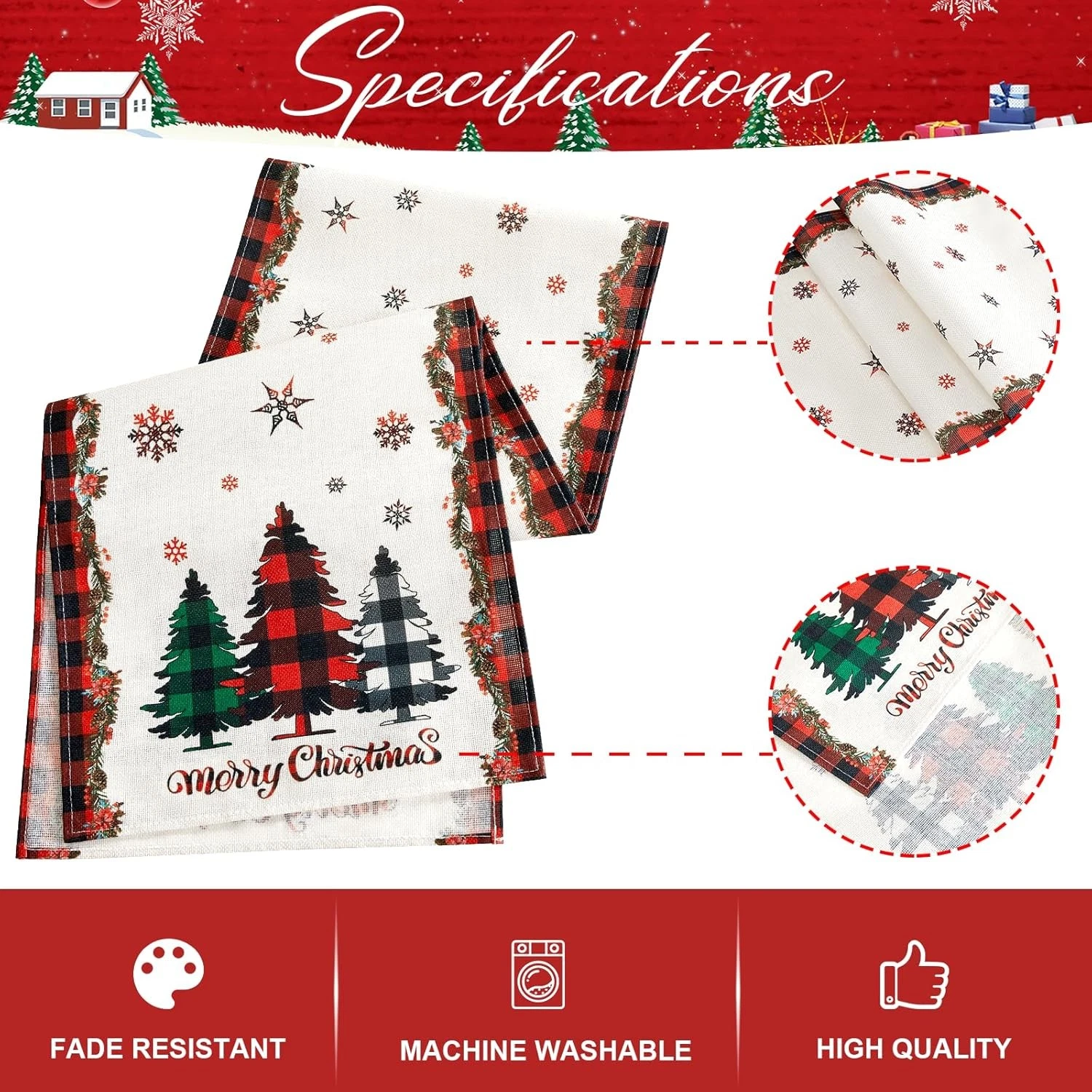 Christmas Table Runner - Xmas Tree Snowflakes Pine Needles Winter Holiday Decor