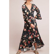 Anthropologie Farm Rio Summer Flower Black Wrap Dress