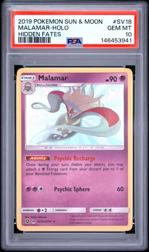 2019 POKEMON SUN & MOON HIDDEN FATES #SV18 MALAMAR-HOLO PSA 10