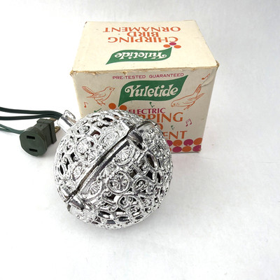 Vintage Chirping Bird Christmas Ornament Silver Electric Plastic Ball Working
