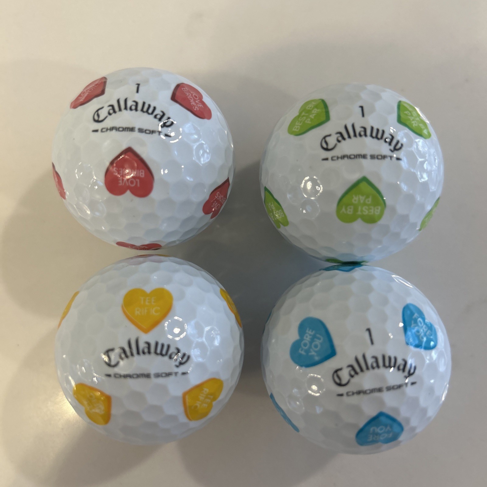 NEW Callaway Chrome Tour Truvis Candy Hearts Valentines Day Logo (4 Golf Balls)