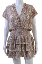 Melissa Odabash Womens Paisley Print V-Neck Ruffled Mini Dress Beige Size M