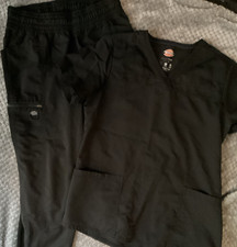 Dickies Balance Scrubs Set V-Neck Top  Pants Black Polyester Solid Women  s M