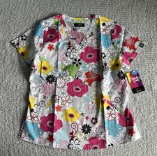 Koi French Bull Scrub Top Women  s Sz Large Delight White Floral Nursing Medical