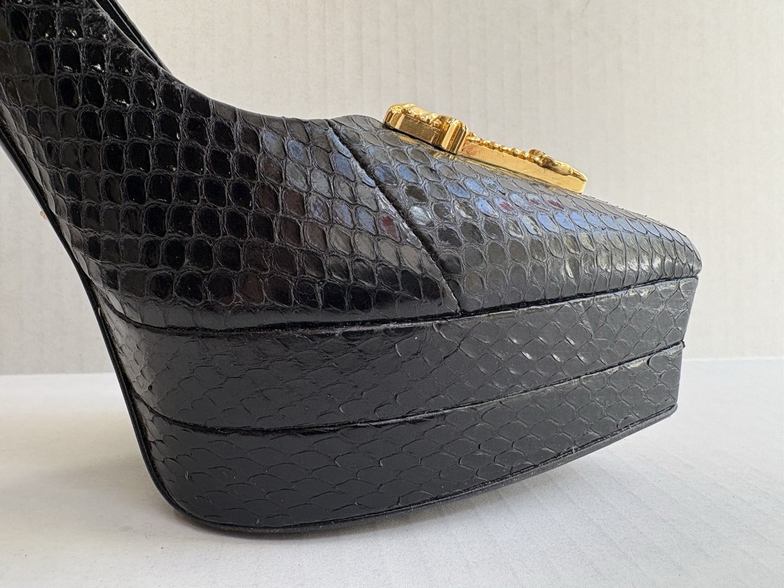 Versace Black Python Snakeskin Playform High Heel… - image 15