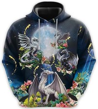 3D Moonlight Dragon Hoodie Unisex Fantasy White Black Dragon Pullover