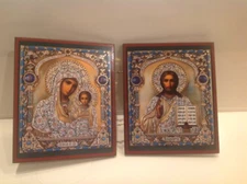 Russian Diptych Icon Virgin of Kazan and Christ the Pantocrator 9 2/8" x 5 3/8"