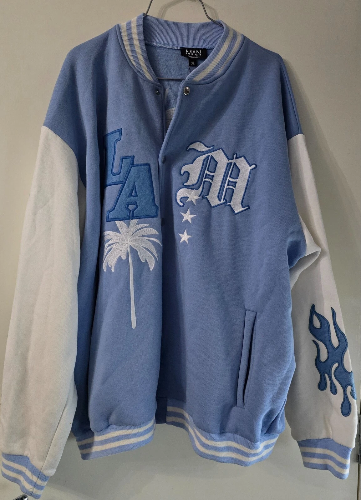 Boohoo MAN Baby Blue Oversized Jersey Varsity Bomber Windbreaker Jacket sz: XL