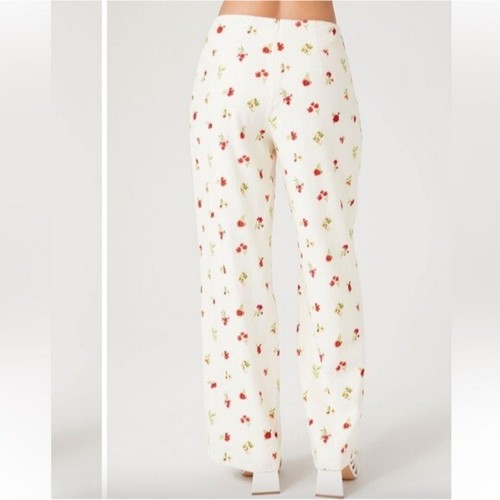 Forever 21 Linen Floral Wide Leg Pants Womens L White Red Casual Retro 90s Y2K - Picture 7 of 11