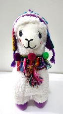 Peru White Alpaca Llama 12" Plush Colorful Hat & Saddle Handmade Purple Feet