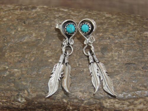 Native American Sterling Silver & Turquoise Feather Post Dangle Earrings - Ch...